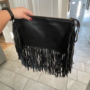 Karina Grimaldi Black Leather Fringe Wristlet